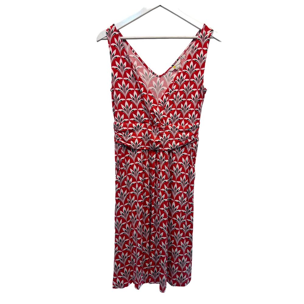 Boden Effie Dress 8 Red Cream Palm Leaves Double V Crossover Sleeveless
